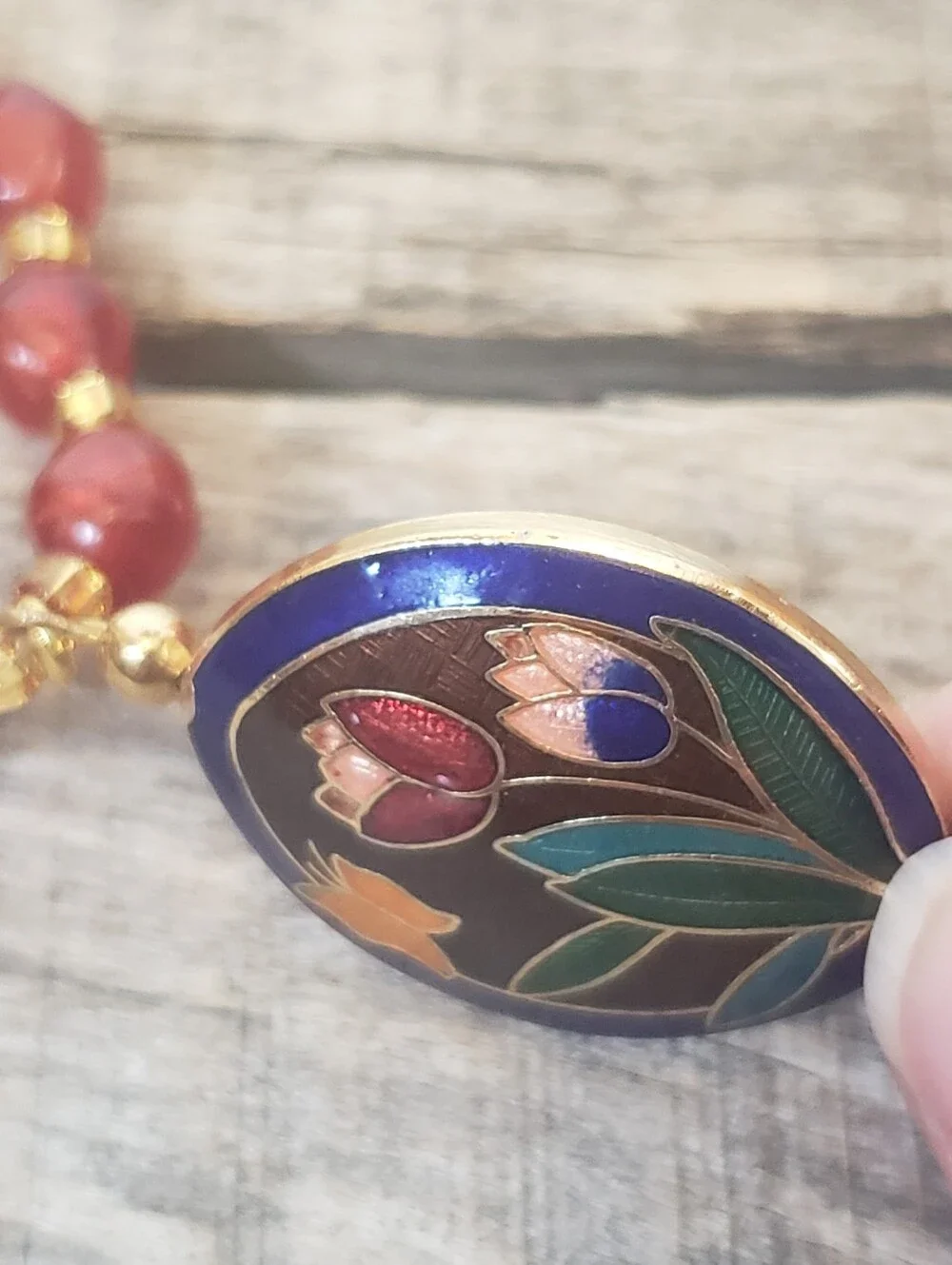 CLOISONNE PENDANT On BEADED NECKLACE Tulips & Butterfly